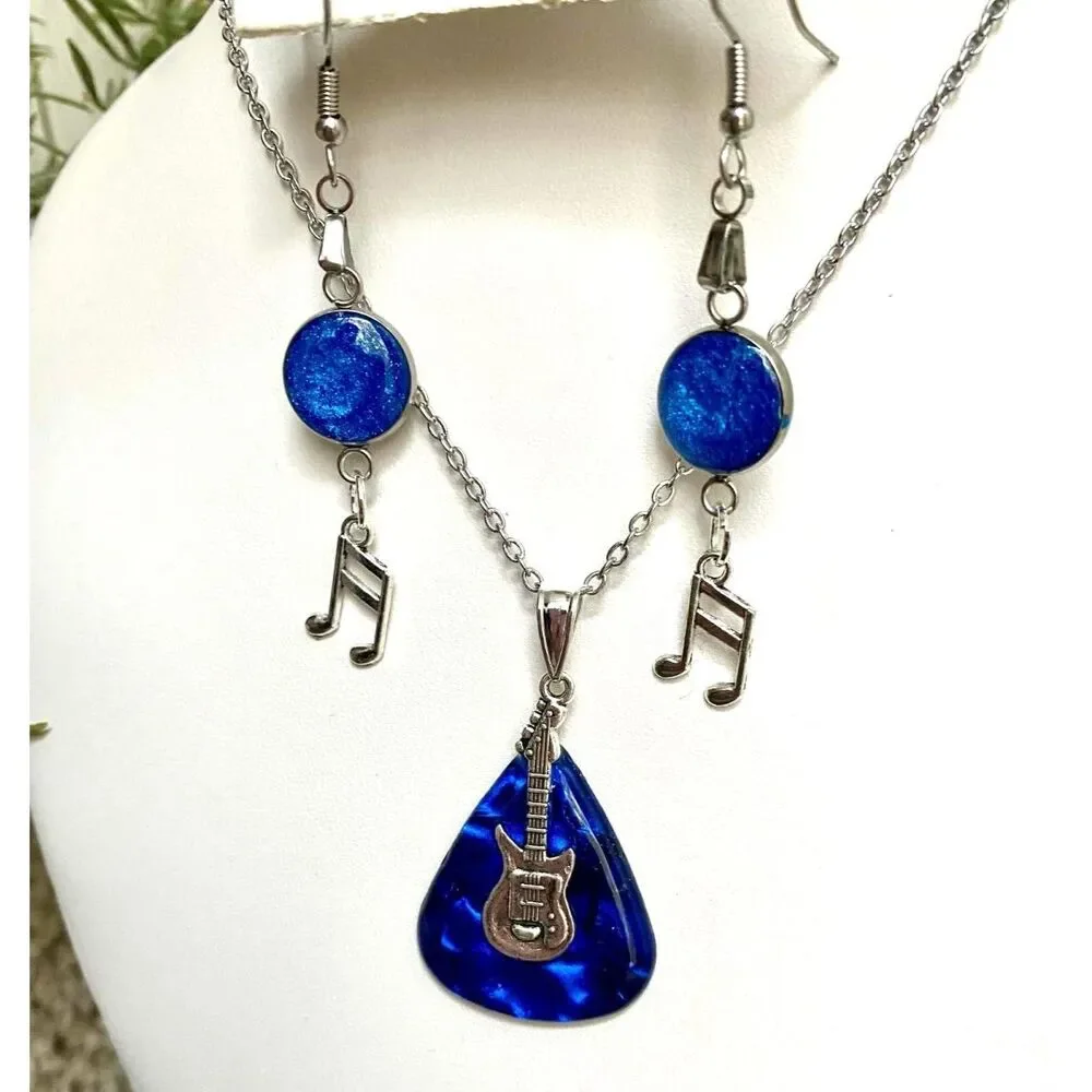 Handmade Resin Music Lover Jewelry Set - Blue Guitar Pick Pendant and Earrings